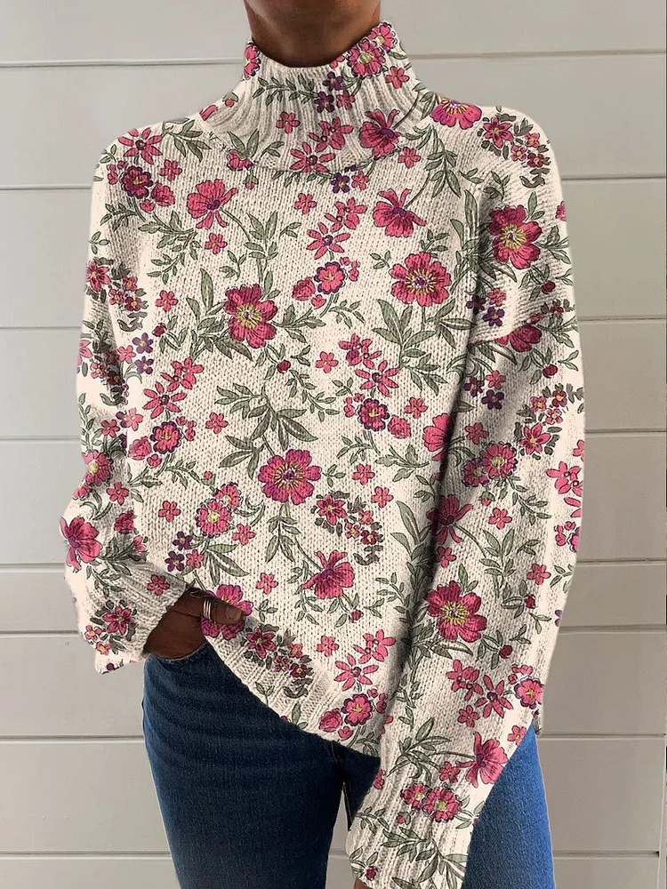 Vintage Flower Art Print Knit Turtleneck Pullover Sweater