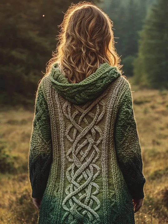 Women's Celtic Knot Contrast Color Knit Hooded Cardigan