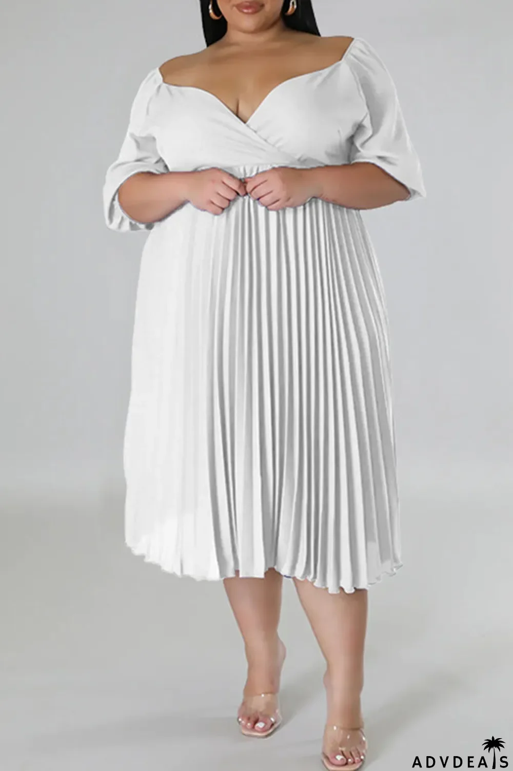 Rose Red Casual Solid Patchwork Fold V Neck Straight Plus Size Dresses