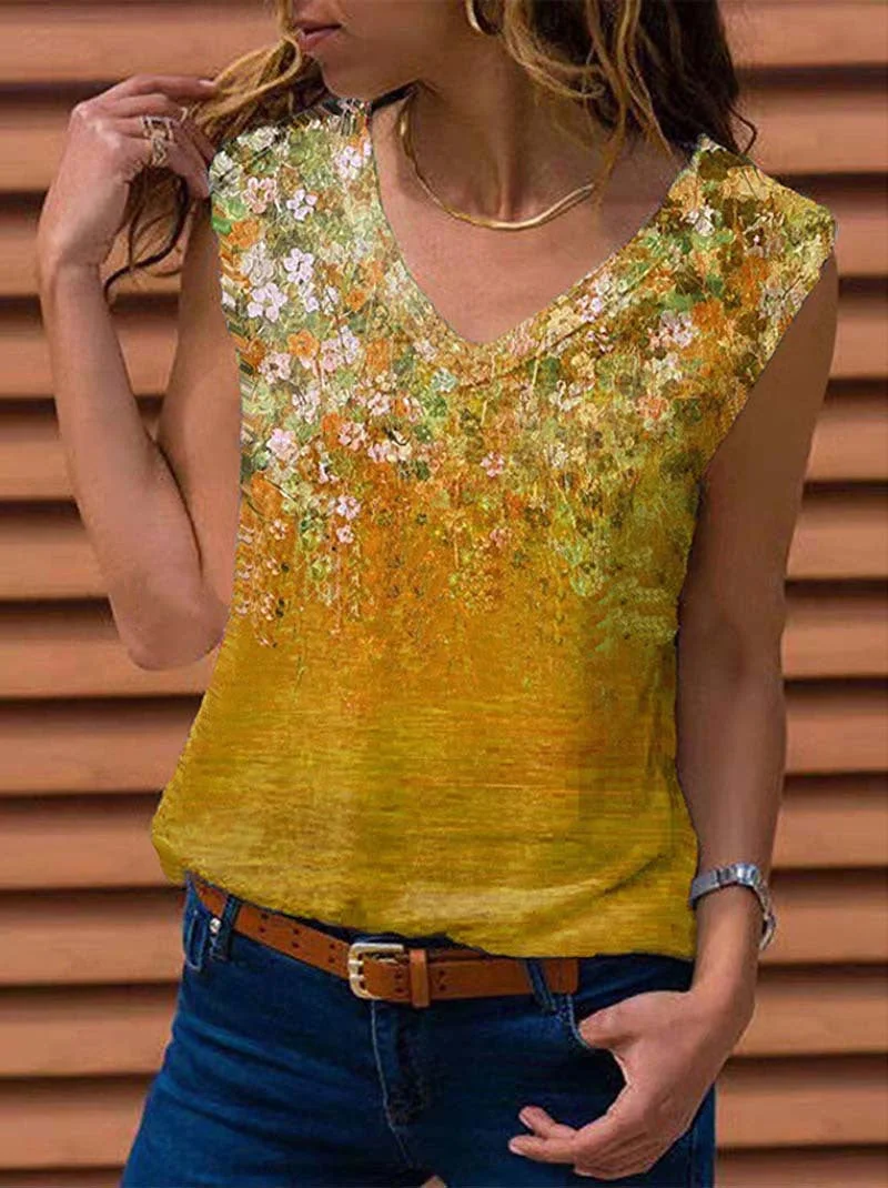 Uveng Loose Sleeveless V-neck Printed Vest T-shirt