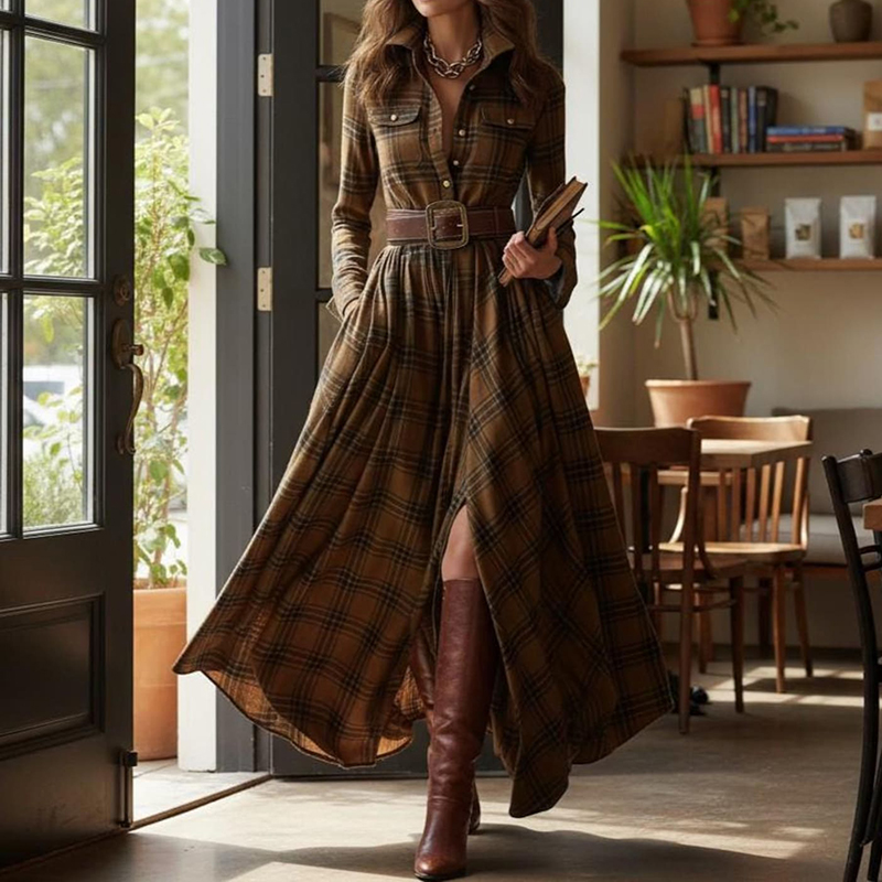 Vintage Khaki Plaid Inspired Belted Cottagecore Autumn Winter Long Sleeve Button-up Shirt Maxi Dress elevenforest