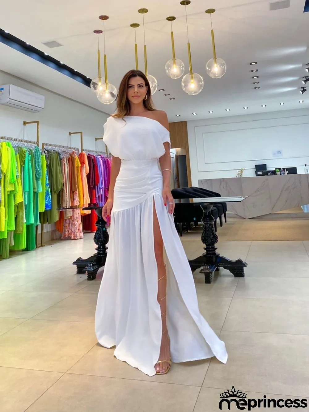 Solid Sexy Slash Shoulder Off-Shoulder Slim Waist Slit Gown Dress