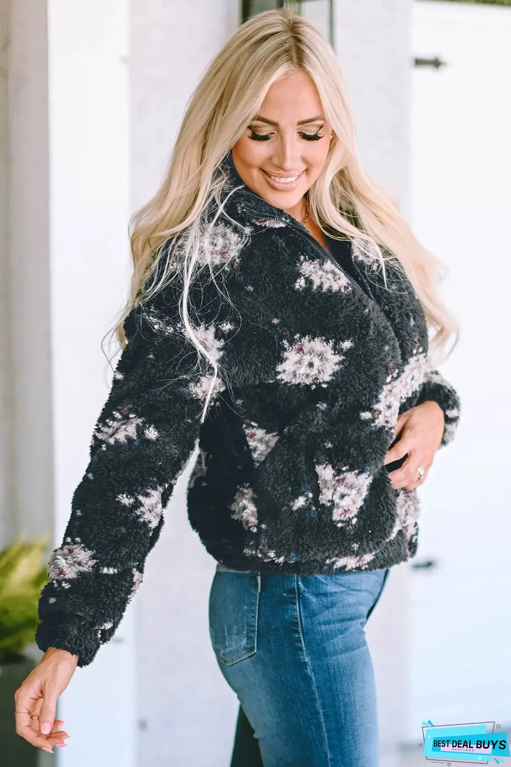 Black Aztec Pattern Zipper Collared Sherpa Jacket