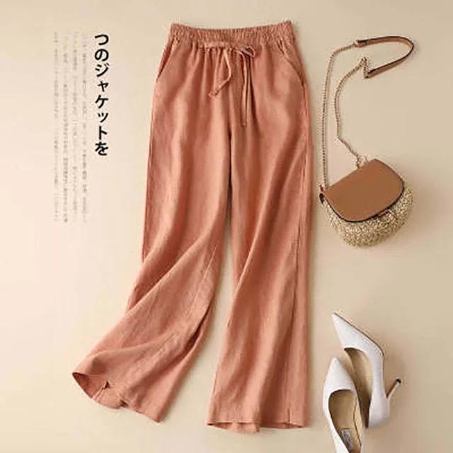 Retro Solid Color Women Spring Pants Cotton Linen Elastic Waist Female Trousers Soft Thin Ladys Trousers New White Homewear 2021