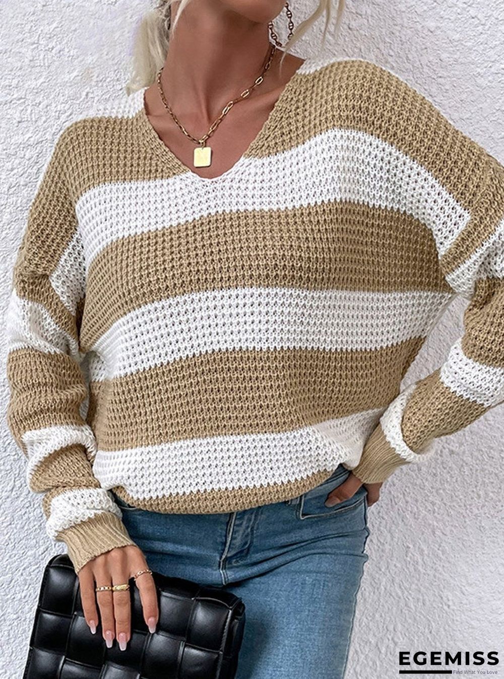 Casual Stripe Waffle V-neck Sweater Women | EGEMISS