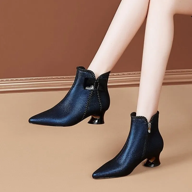 FHANCHU 2021 Microfiber Short Boots Woman,Autumn/Winter Shoes,Ankle Botas,Block Heel,Back Zip,Pointed Toe,Blue,Black,Dropship