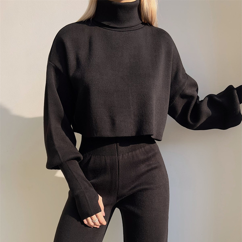 Ootddress Turtleneck Two Piece Outfits For Women Lantern Sleeve Cropped Top And Straight Leg Pants Sets Tracksuit Casual Outfits