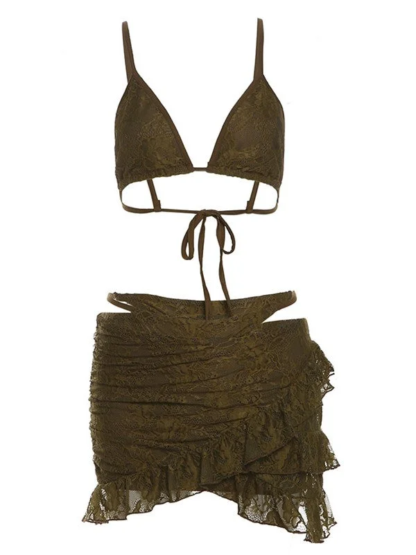 Brownm Ruffle Bikini Three Piece Set