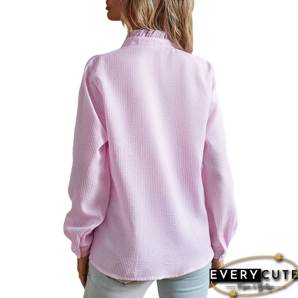 Pink Ruffle Detail Button Long Sleeve Shirt