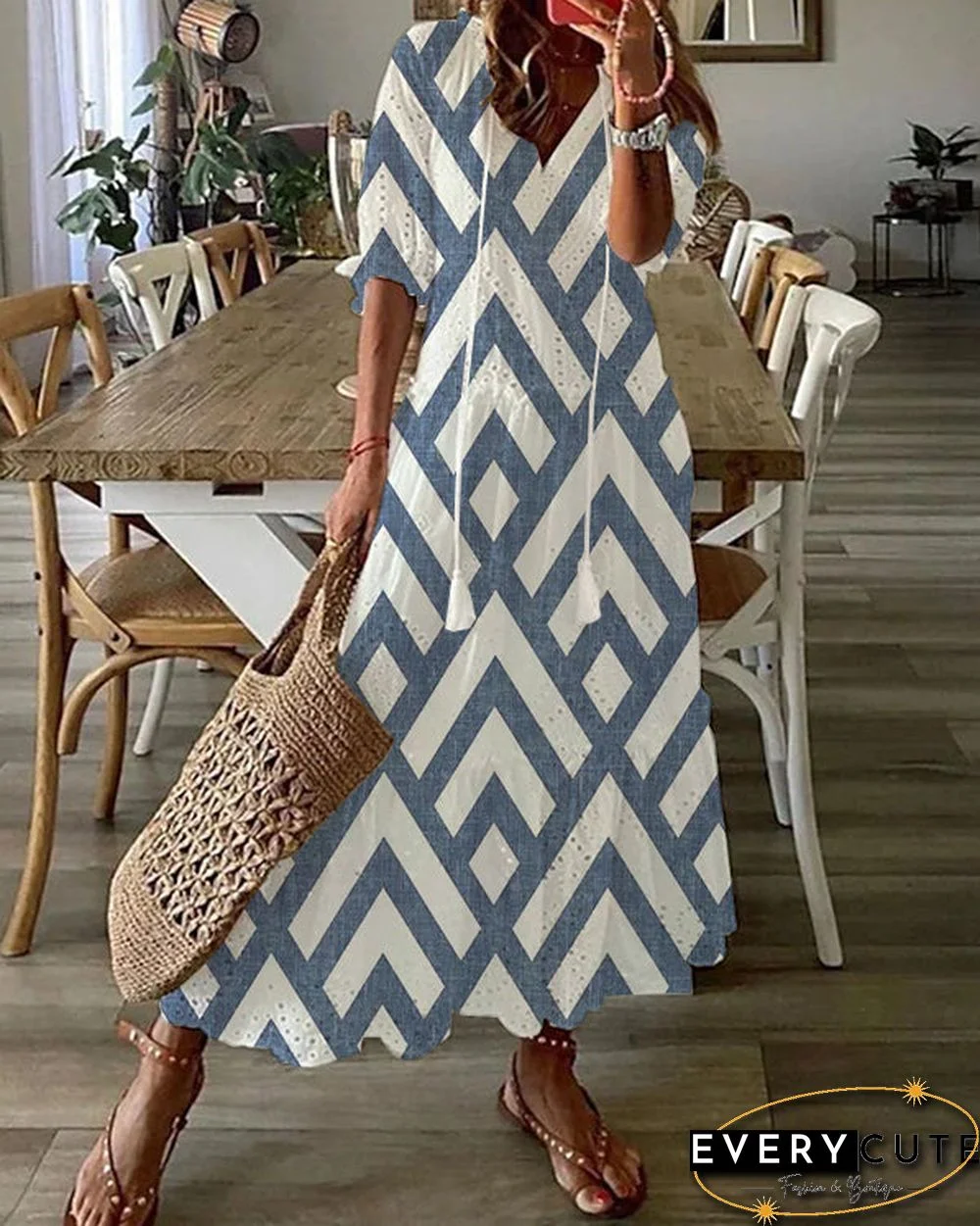Bohemian V-Neck Print Drawstring Short Sleeve Midi Dress