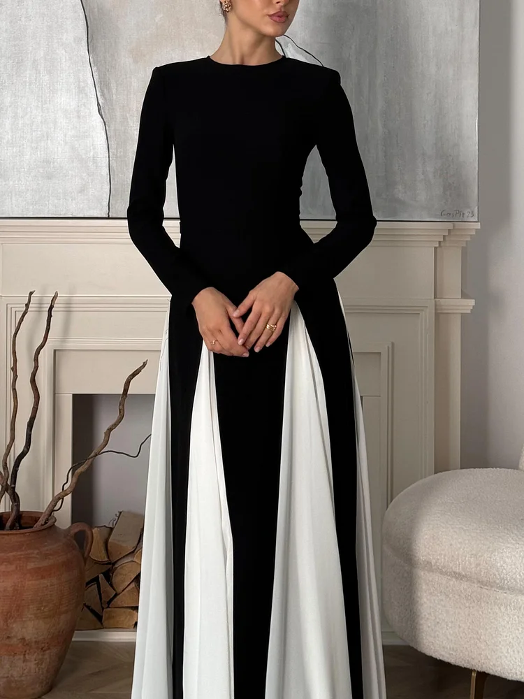 Elegant Black & White Patchwork Dress Women Sleeveless A-line Maxi Party Dresses main image 1