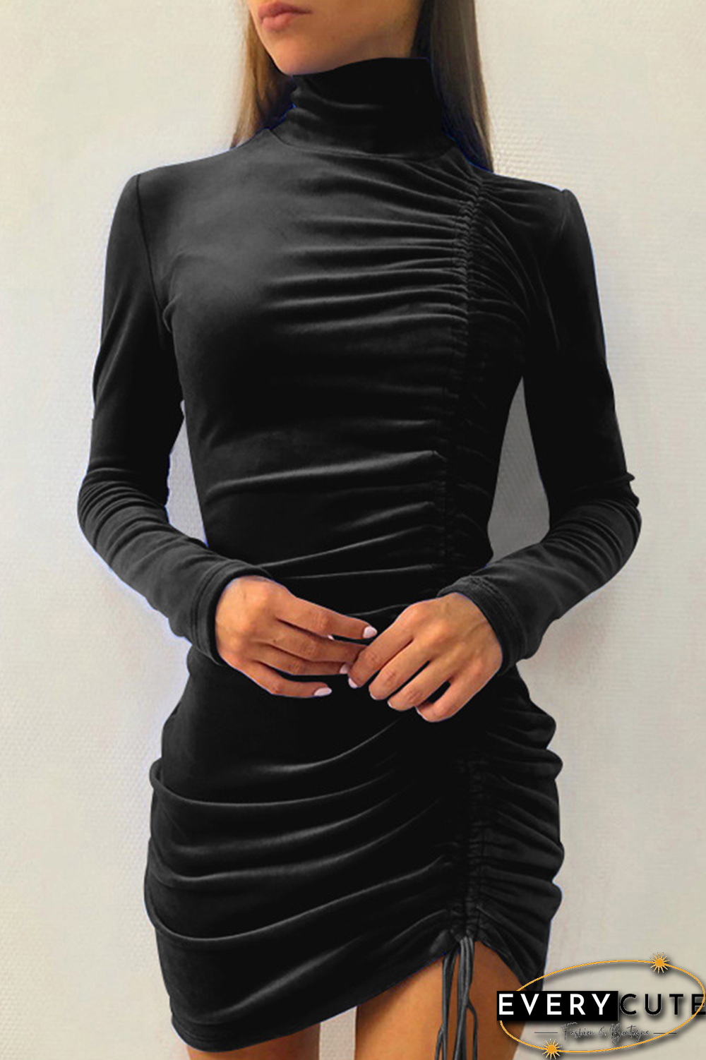 Fashion Elegant Solid Split Joint Fold Half A Turtleneck Pencil Skirt Dresses