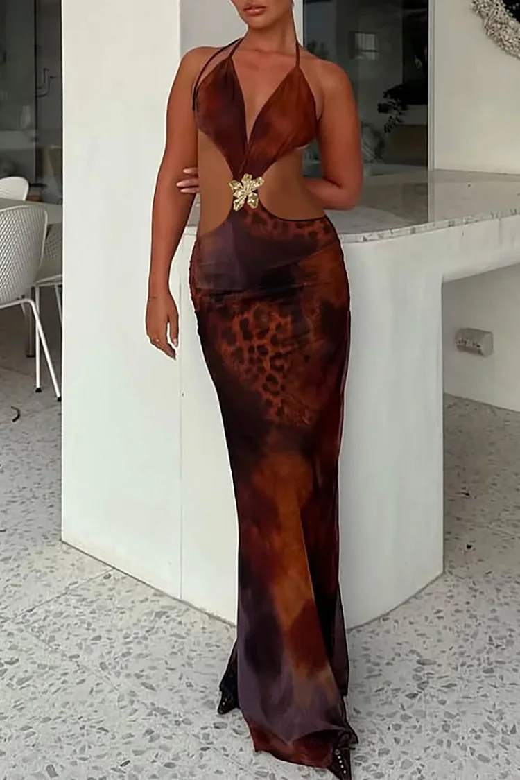 Cross Halter Neck Cutout Dyeing Print Slim Fit Vacation Maxi Dresses-Grey
