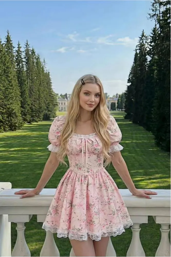 Lace Square Neck Bubble Short Sleeves High-Waisted Short Pleated Homecoming Dress | PM0076 Wellcucu