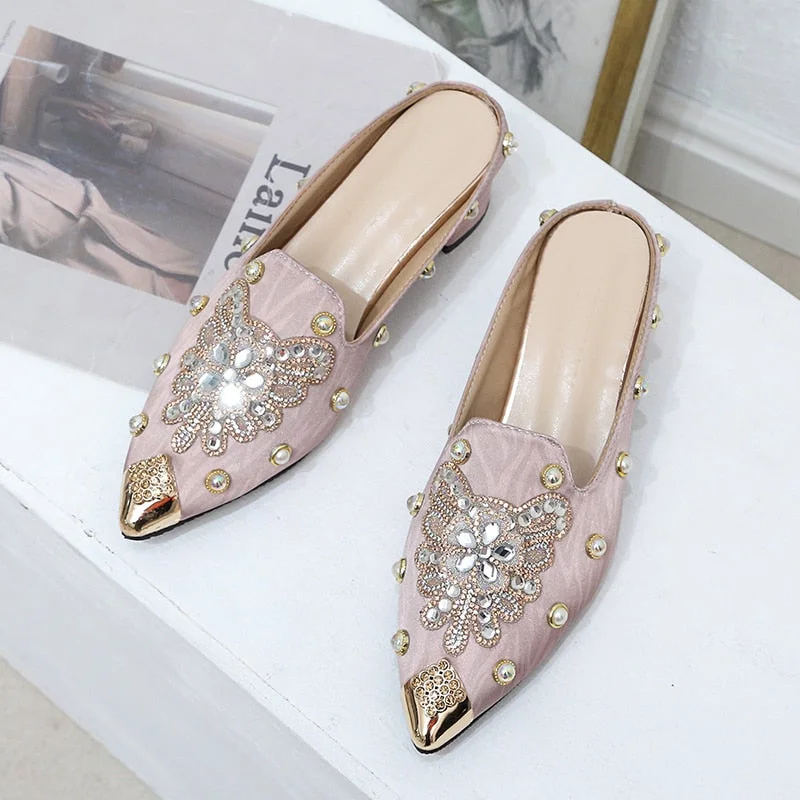 Back To School Women Flat Designer Shoes Backless Ladies Foxy Crystal Slides Pointed Toe Mess Hollow Loafers Slip On Shoes For Women 2022