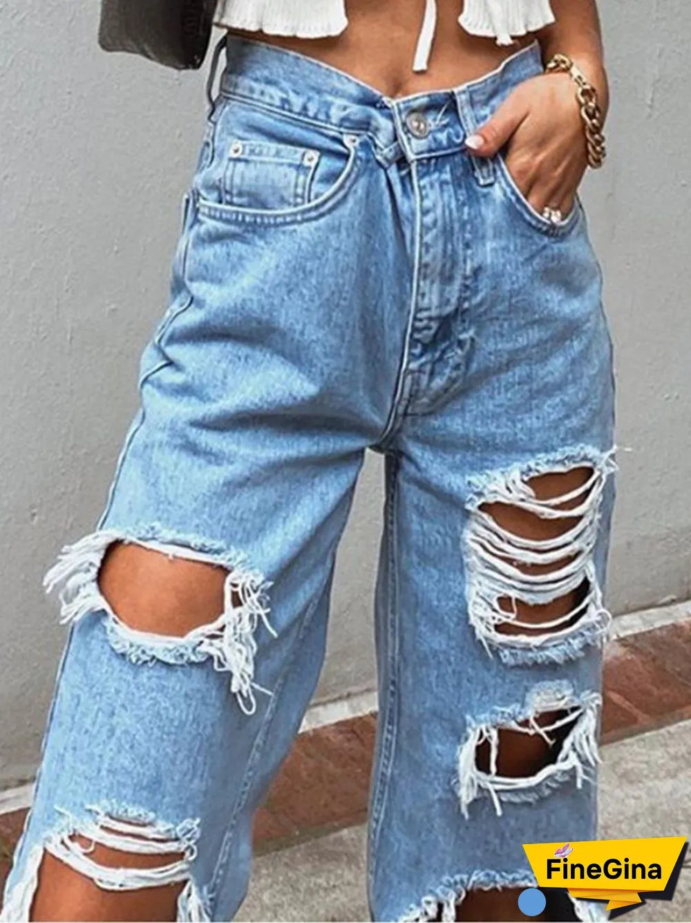 Statement Ripped Solid Pockets Plus Size Casual Denim Jeans