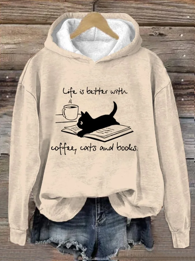 Coffee Cat And Book Print Women's Hooded Sweatshirt