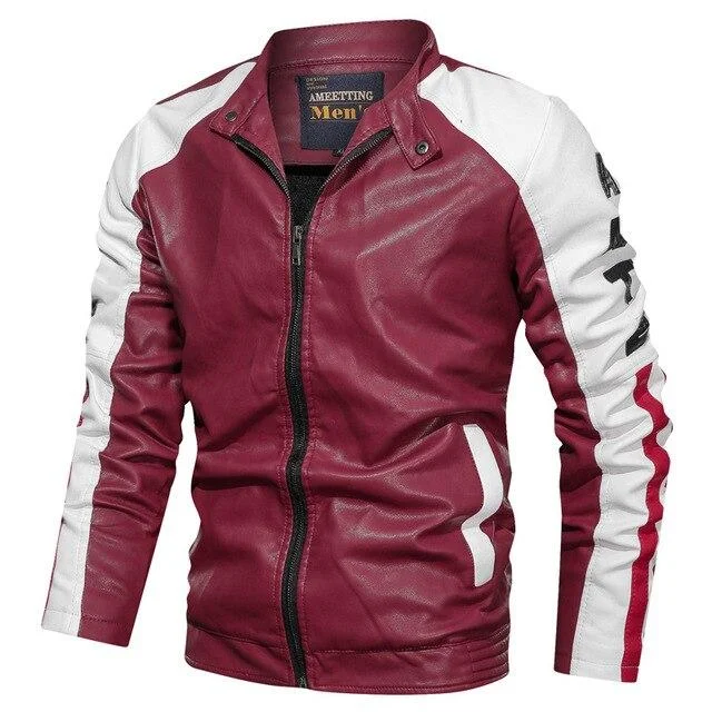 Men's Leather Jacket Casual Fashion Stand Collar Motorcycle Jacket Men Patchwork Quality Leather Jacket