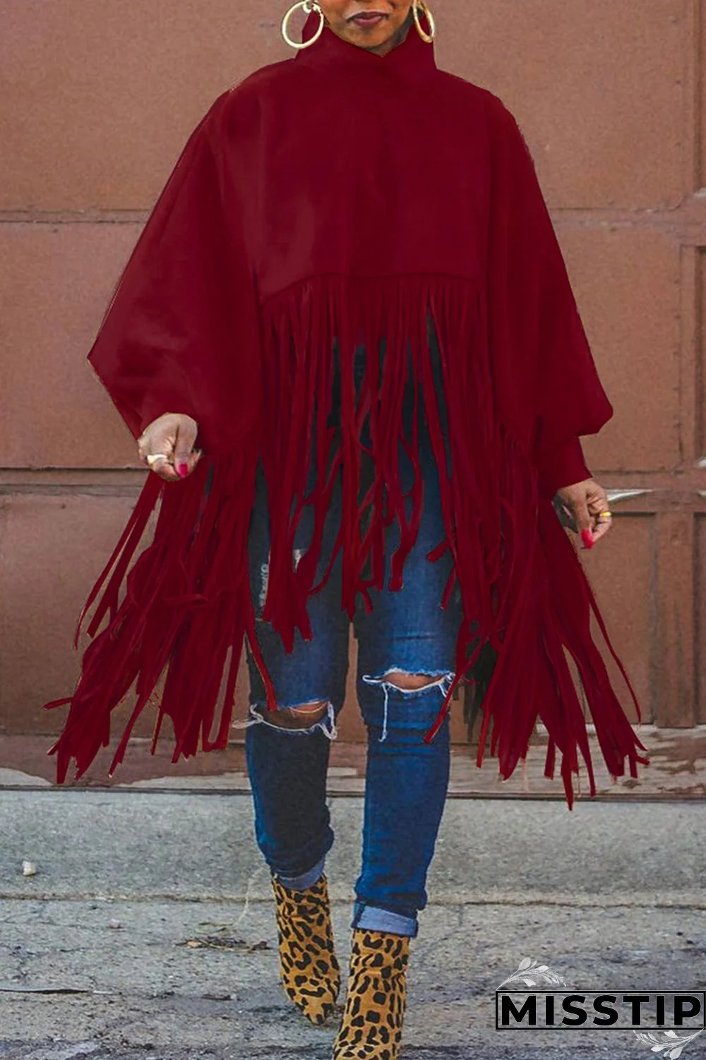 Burgundy Fashion Vintage Solid Tassel Turtleneck Plus Size Overcoat
