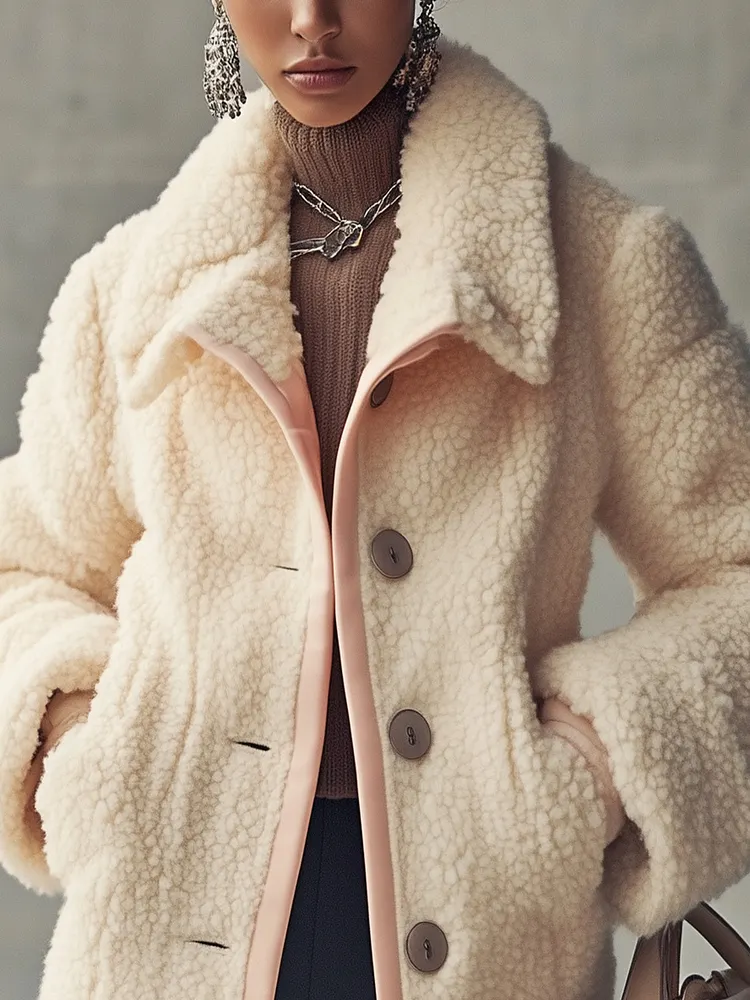 Cream Shearling Jacket With Pink Trim And Pocket