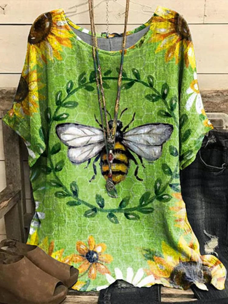 Cotton Linen Vintage Bee Flower Casual Short Sleeve Tee
