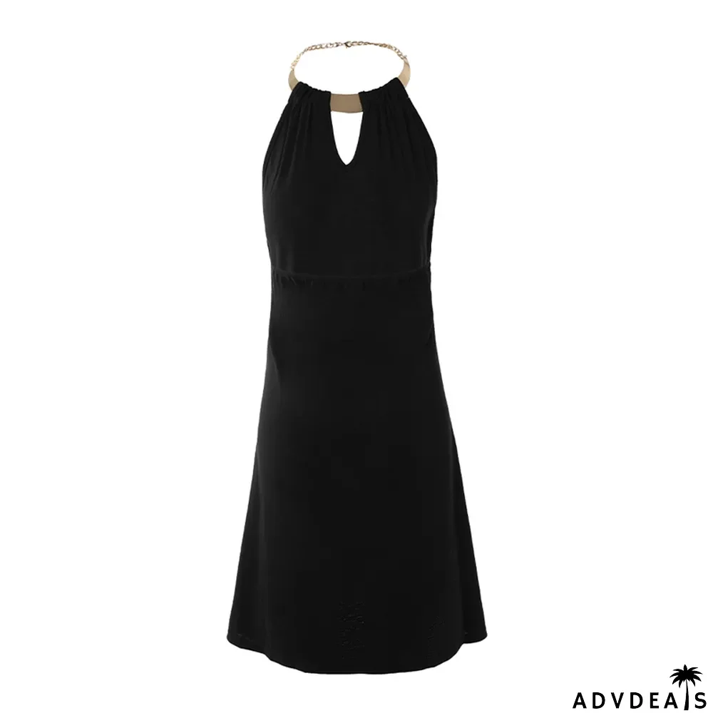 Women's Summer Black Halter Neck Positioning Print Dress