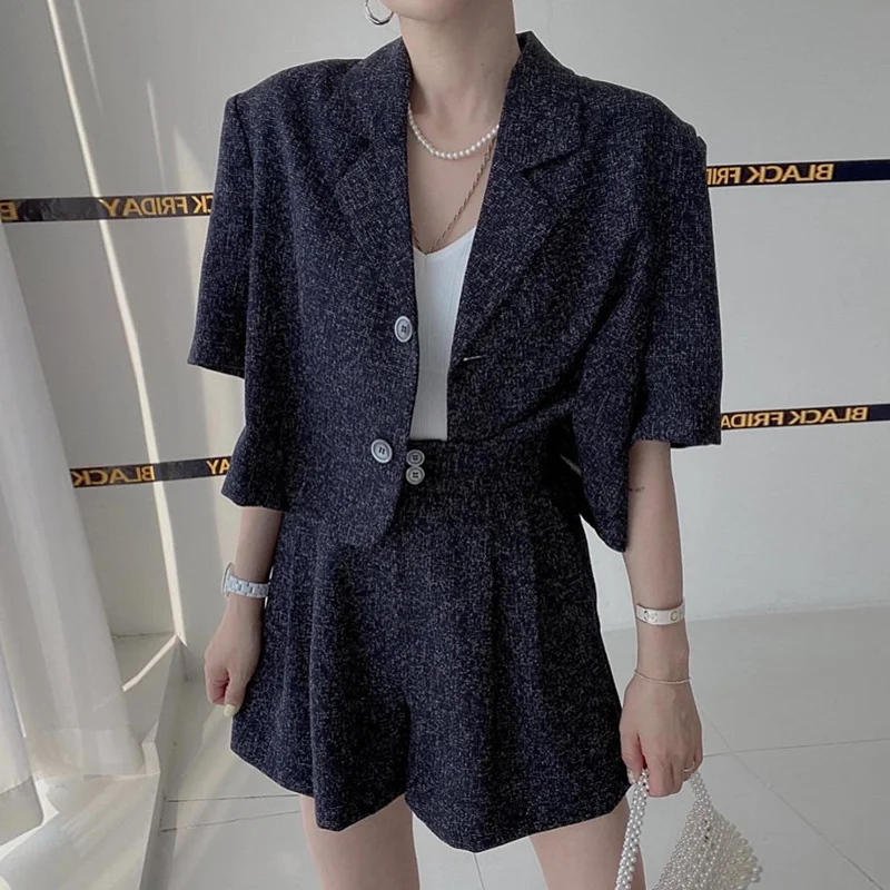 Churchf Churchf Chic Summer Temperament Small Fragrant Wind Suit Collar Short Coat High Waist Versatile Two Button Wide Leg Shorts