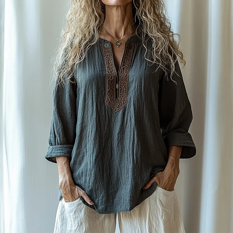 Women's Ethnic Linen V-neck Long-sleeved Casual Shirt
