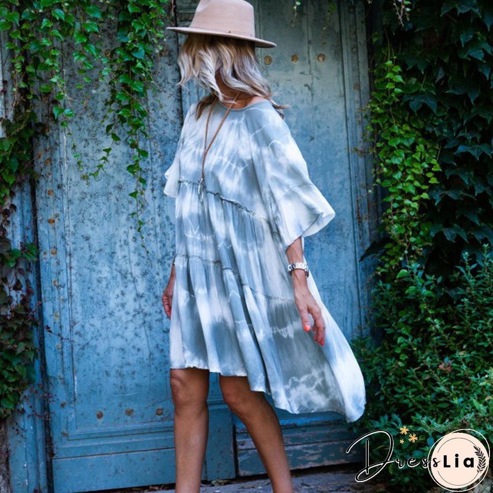 Off Shoulder Tie Dye Loose Casual Midi Dress