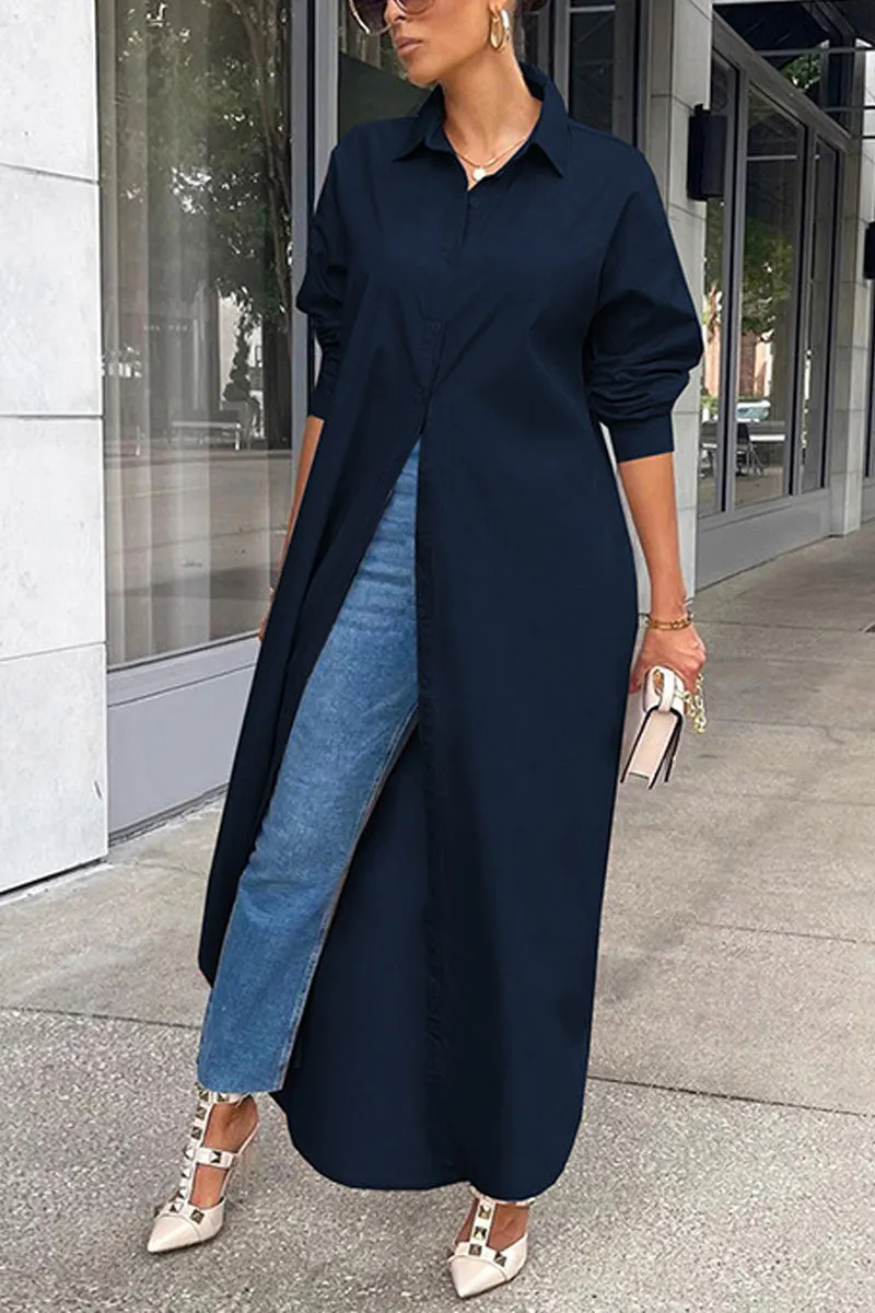 Casual Solid Patchwork Pocket Turndown Collar Shirt Dress Dresses(3 Colors)