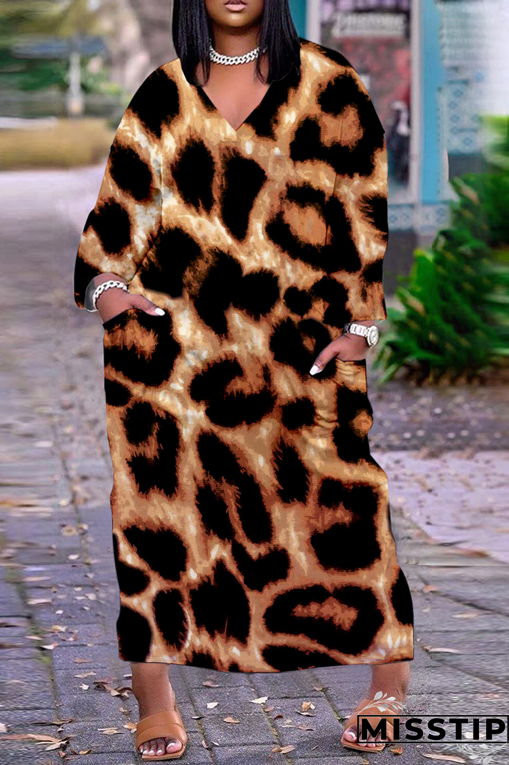 Blue Casual Print Patchwork V Neck Straight Dresses