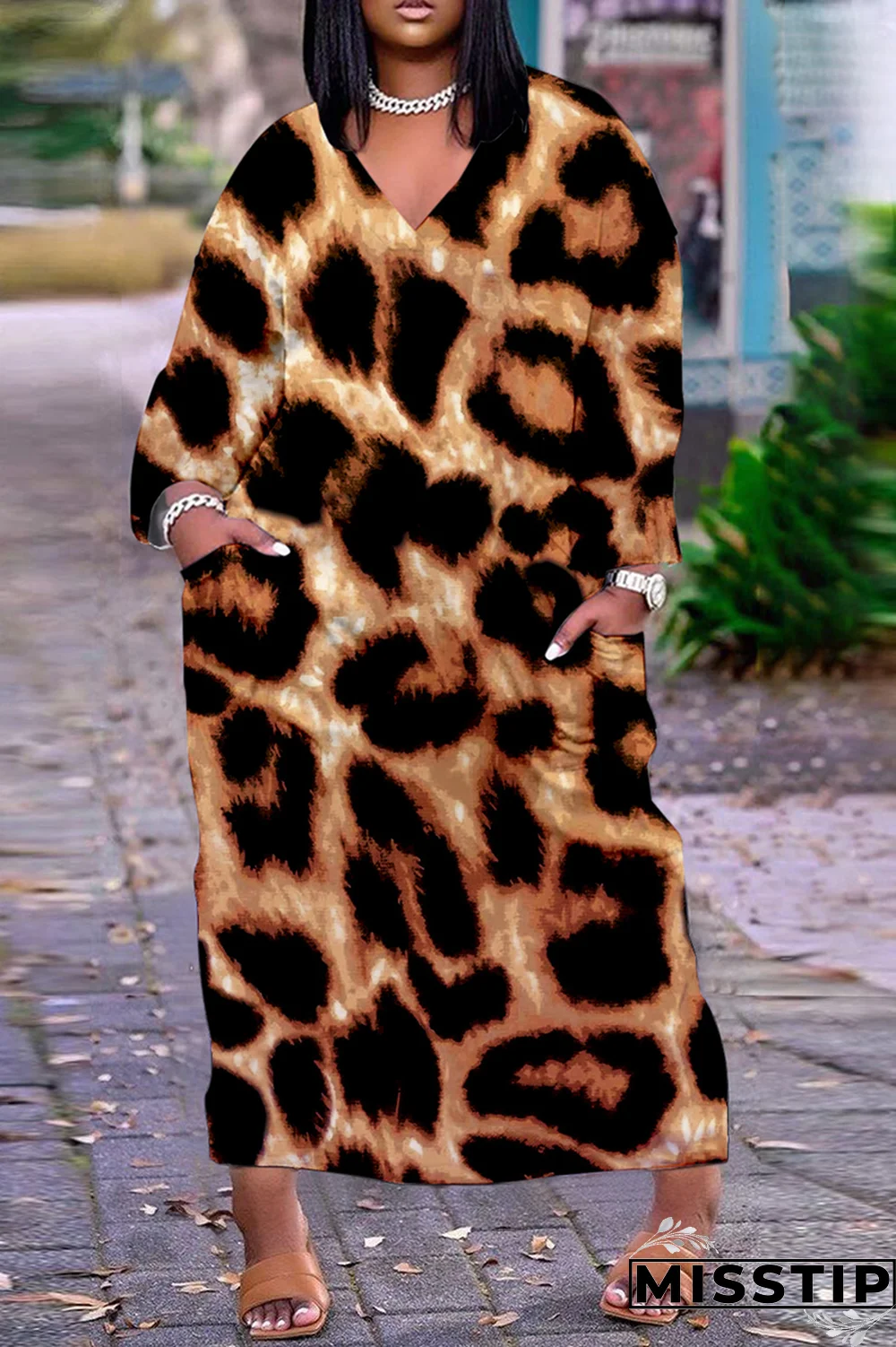 Blue Casual Print Patchwork V Neck Straight Dresses