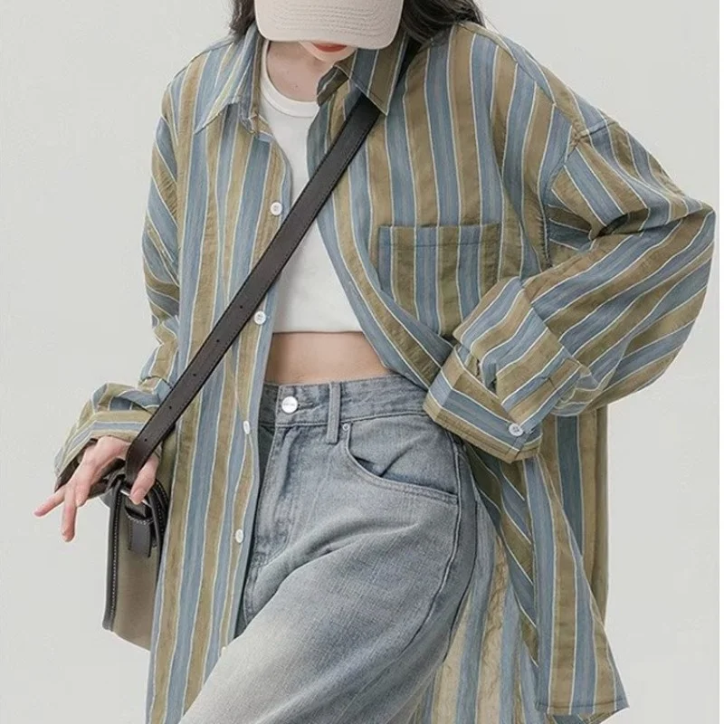 Zingj Zingj And Long Sunscreen Striped Shirt Female Summer Hong Kong Flavor Retro Chic Niche Unique Chic Top Thin Shirt