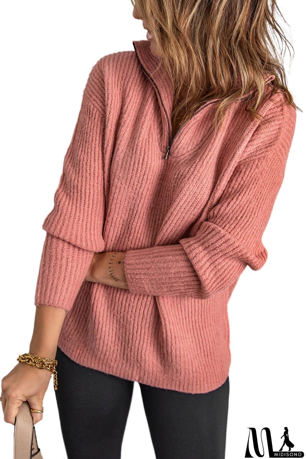 MidiSono - Pink Zip Neck Knitted Sweater