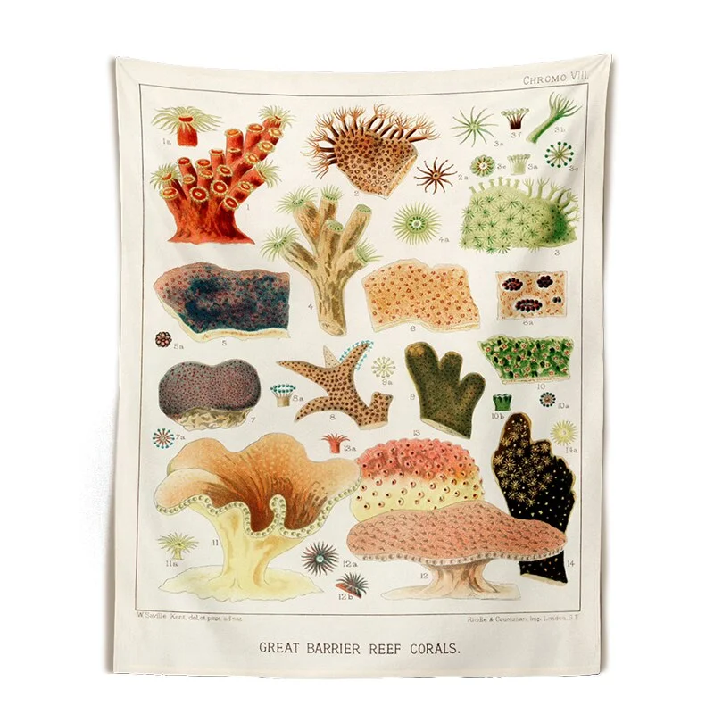 Vintage Mushroom Tapestry Wall Hanging Botanical Print Floral Illustration Sea Life Art Tapestry Wall Decor Hanging Home Decor