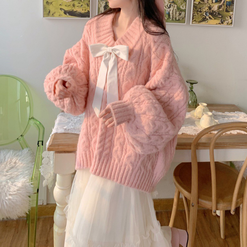 Light Pink Bow Detail Contrast Trim Ruffle Sweater main image 0
