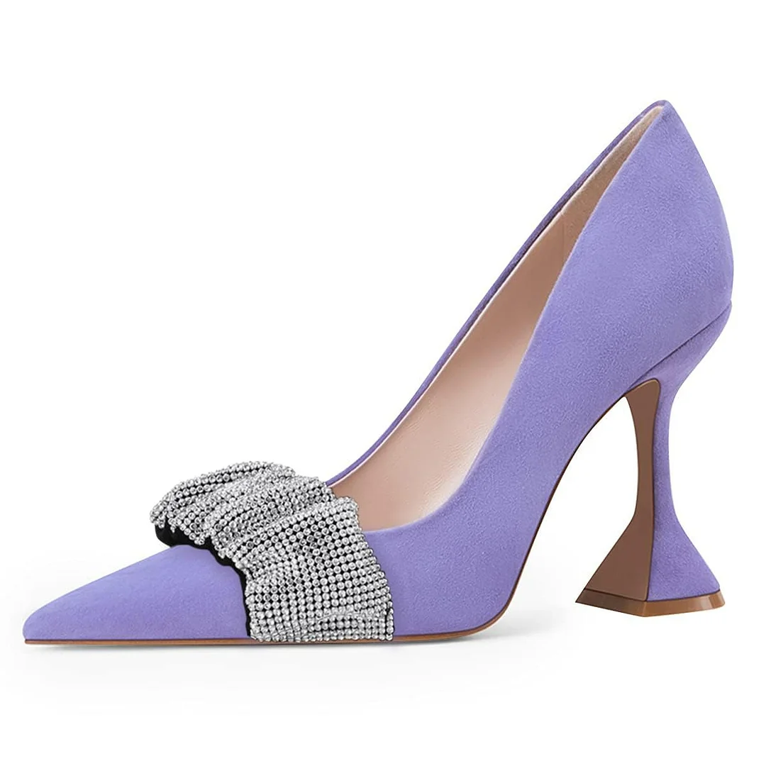 Vegan Suede Rhinestone Embellished Pointed Toe Pumps Heels in Purple