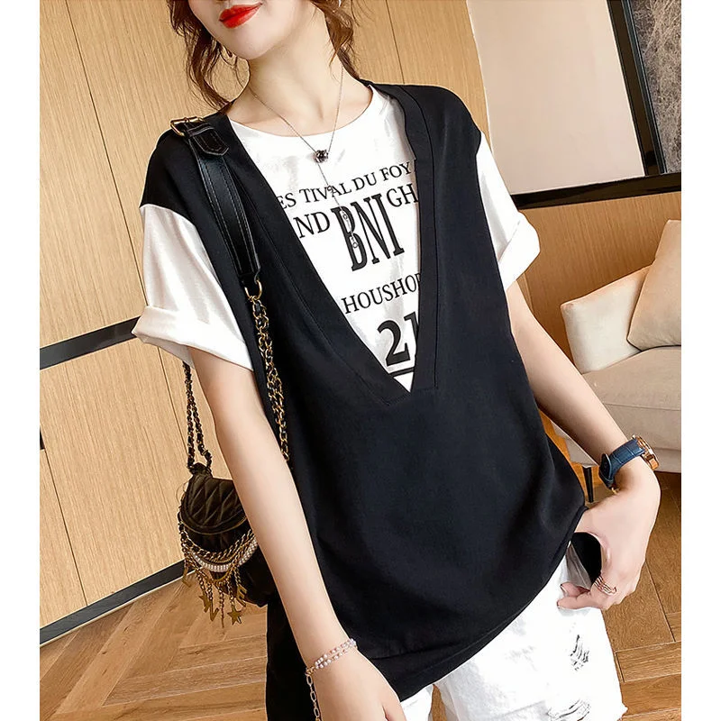 Jangj Fashion Casual Short Sleeve Tops Letter Print Patchwork Comfortable Korean T-shirts Popularity Women Clothing