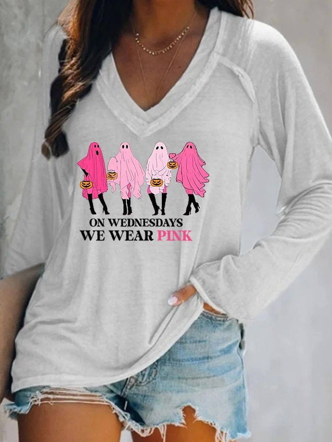 Women's Halloween Breast Cancer On Wednesday We Wear Pink Cute Ghost Pumpkin V-Neck Long-Sleeve T-Shirt socialshop