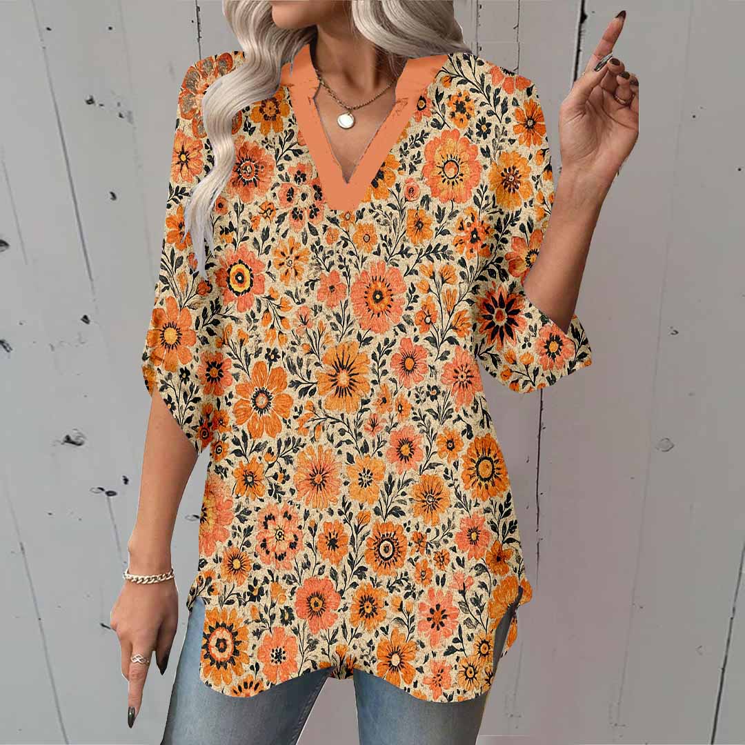 Women Floral,Orange DZGA0323 3/4 Sleeve V-neck Printed Graphic Button Tops