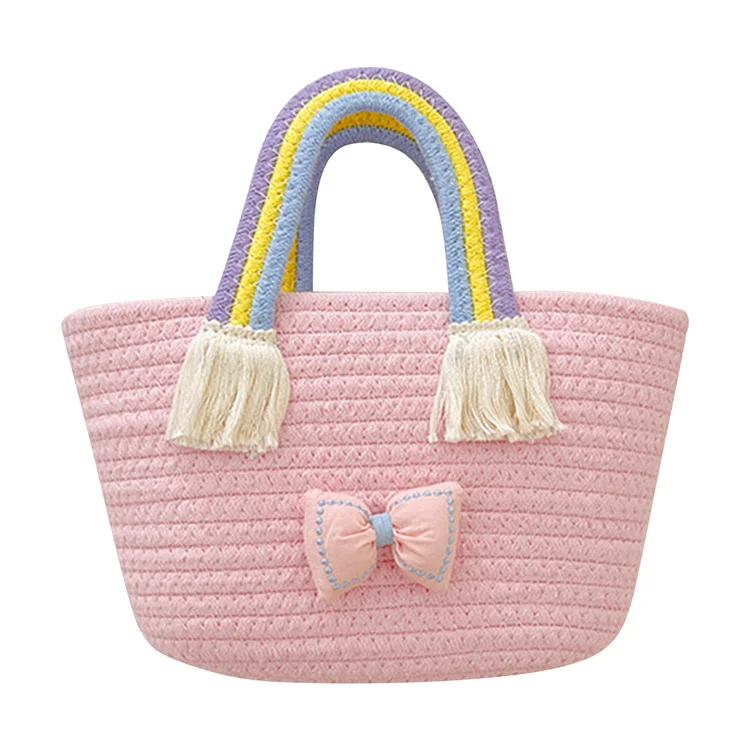 Kids Woven Tote Fashion Bow Simple Handbags Exquisite for Children Travel (Pink)