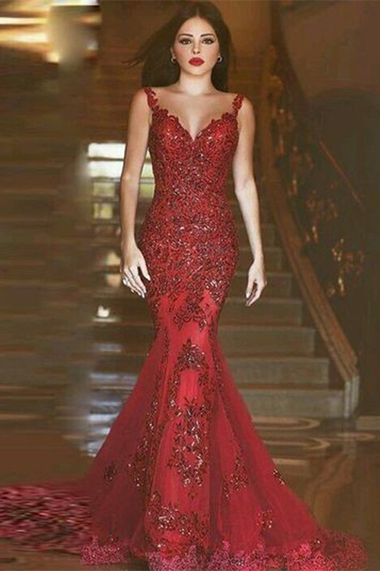 Dresseswow Burgundy Lace Appliques Evening Dress Mermaid Party Gowns