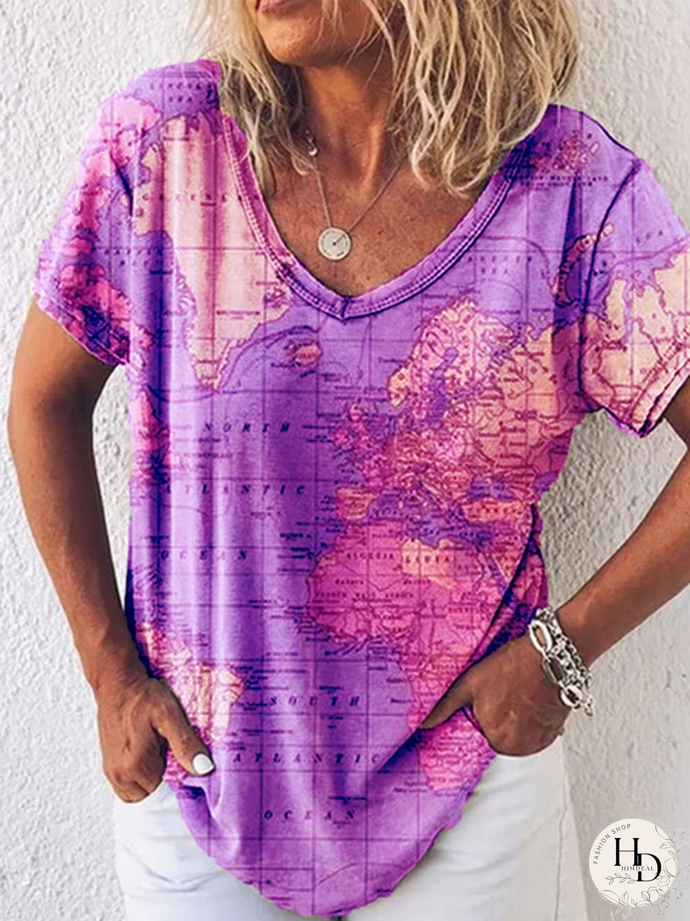 Printed V Neck Cotton Short Sleeve T-shirt