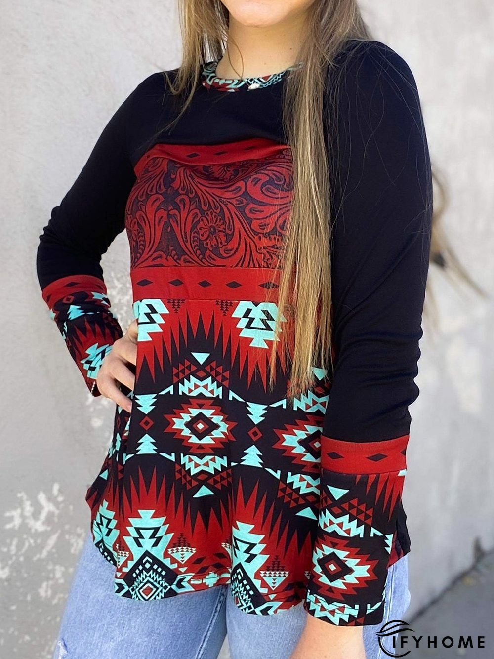 Vintage Crew Neck Printed Long Sleeve shirt & Tunic Top | IFYHOME