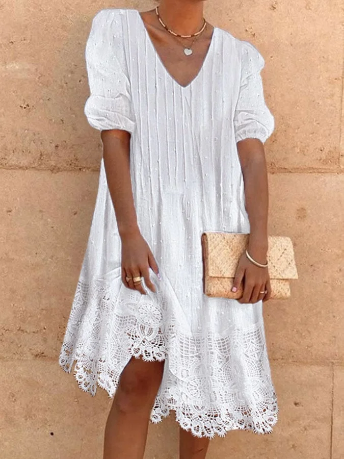 Women's Cotton Linen Short Sleeve Texture Lace Resort Dress socialshop