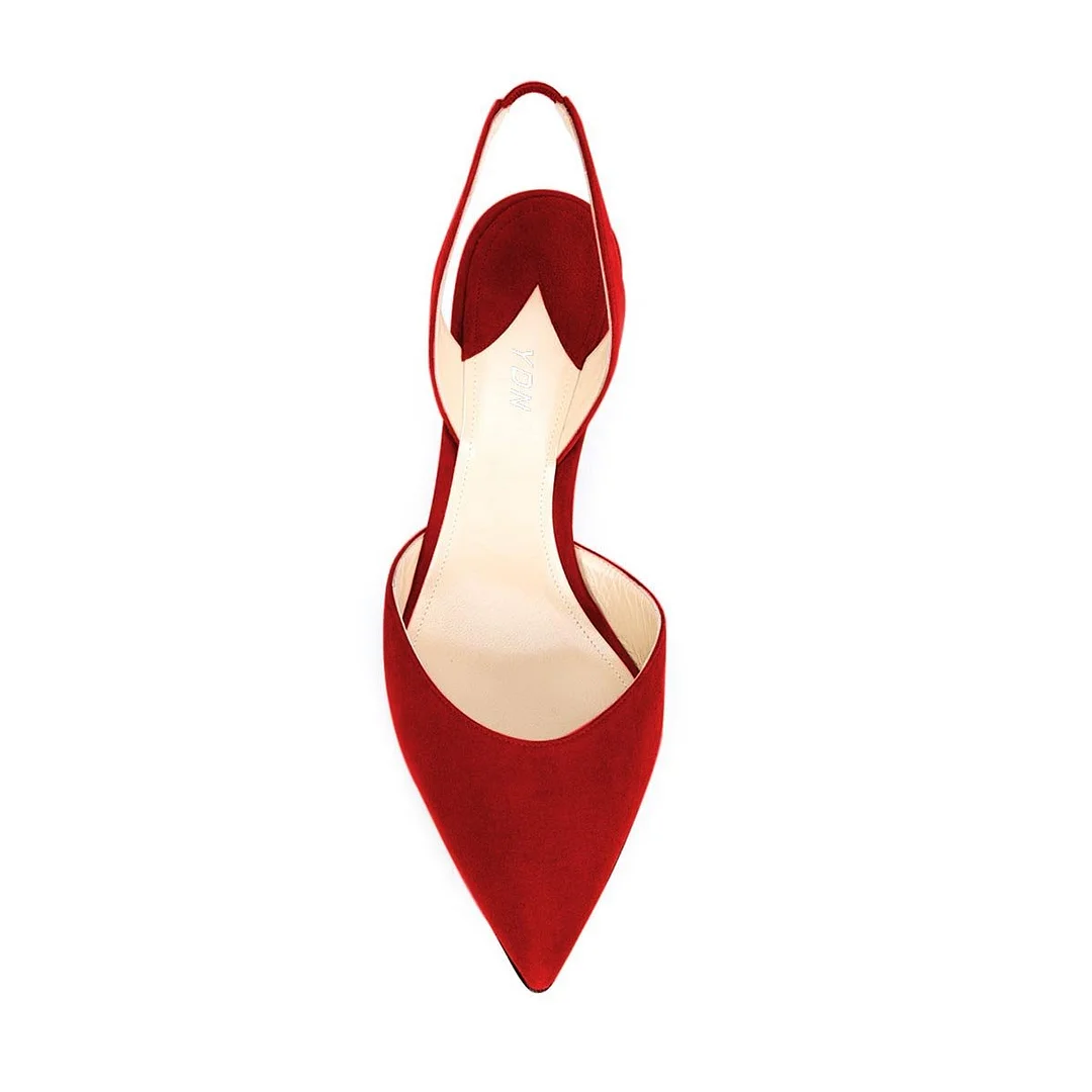 Faux Suede Pointed Slingback Strappy Kitten Heel Pumps in Red