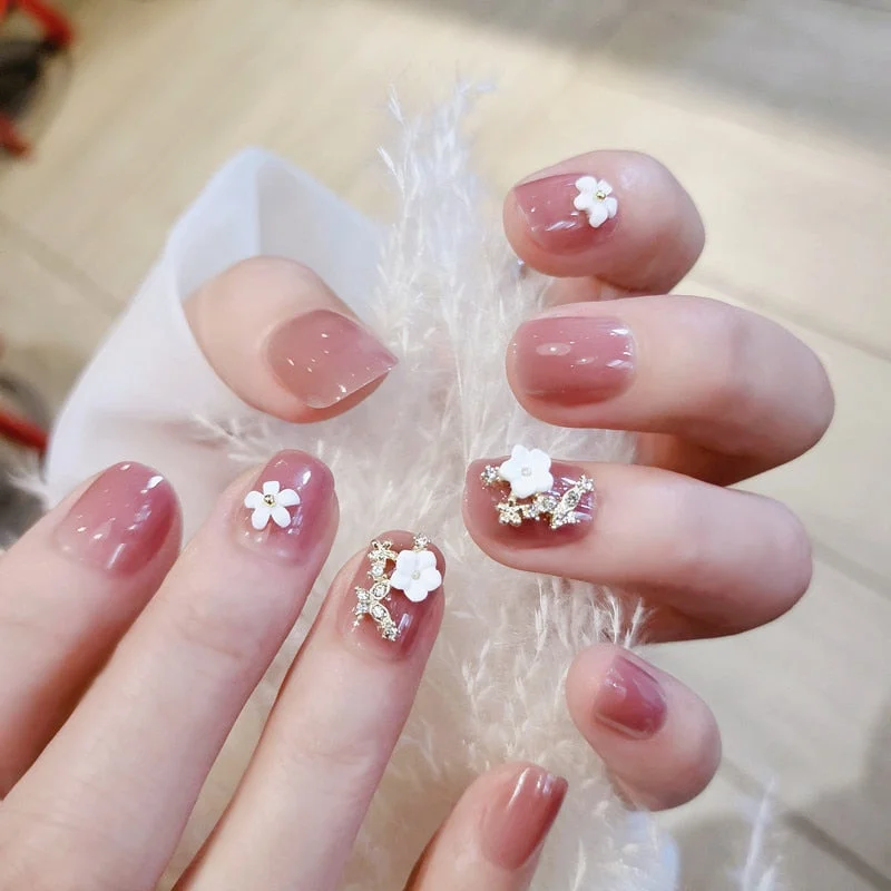 Girls Sweet Candy Color Fake Nail Patch Gradient Purple Shining Rhinestone False Nails DIY Short Full Cover Nail Art Stickers-Nail Inspo