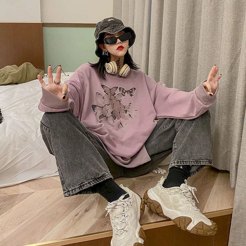 Butterfly Sweatshirt Women BF Loose Women's Long Sleeve Top 2020 Autumn Irregular Hem Women's Fashion Clothes Cotton Top