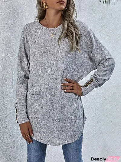 Buttoned Round Neck Long Sleeve T-Shirt