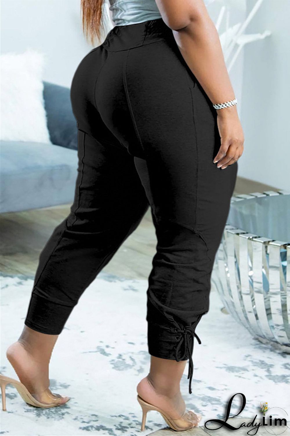 Black Fashion Casual Solid Basic Regular High Waist Trousers